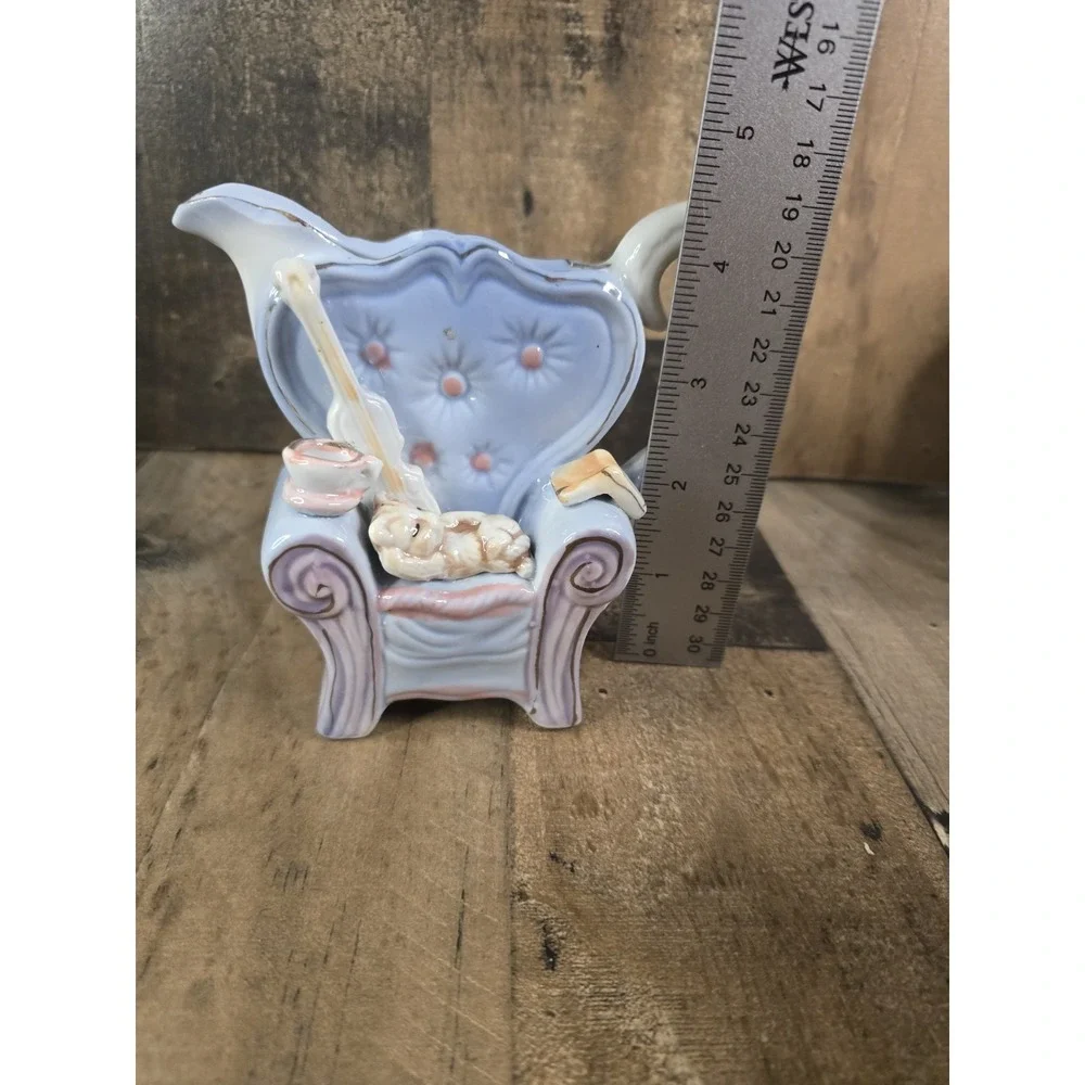 Vintage Periwinkle Blue Ceramic Armchair Creamer Pitcher Sleeping Cat Gold Trim